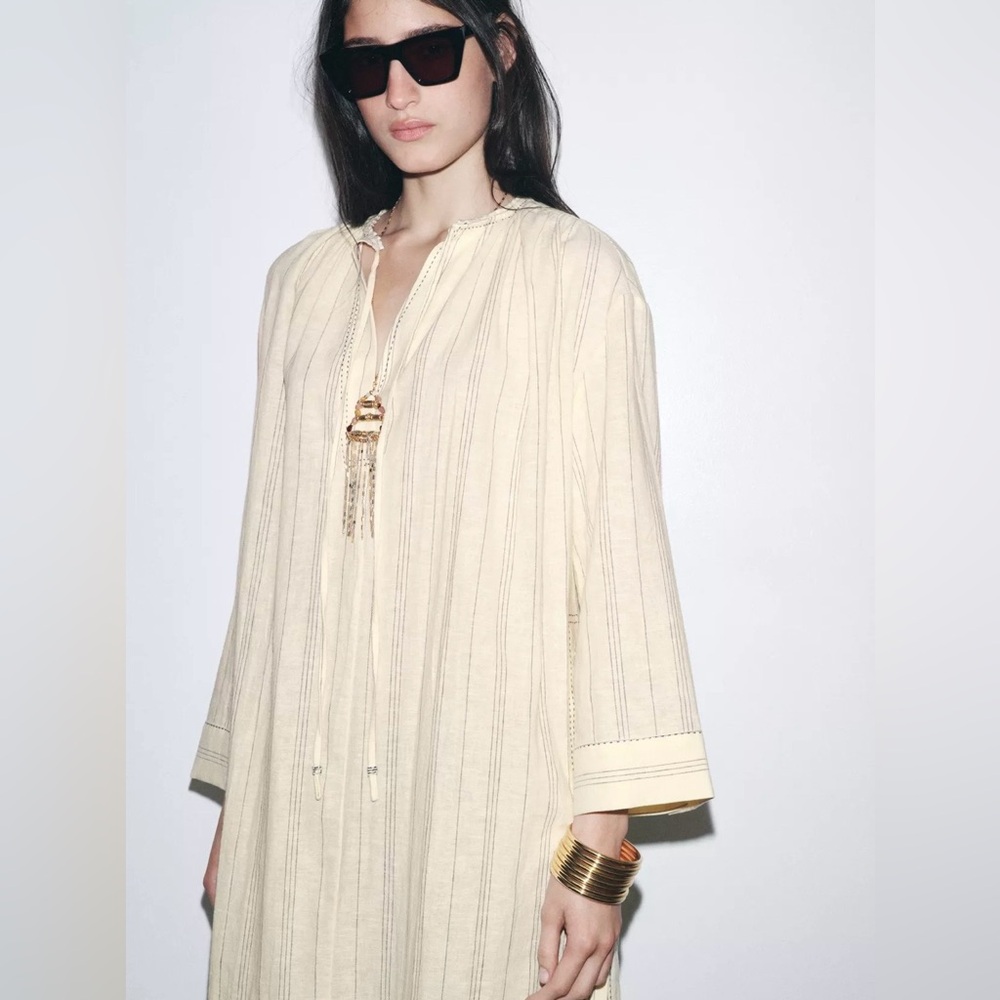 ZARA STRIPED LINEN TUNIC DRESS SIZE L - Picture 6 of 7